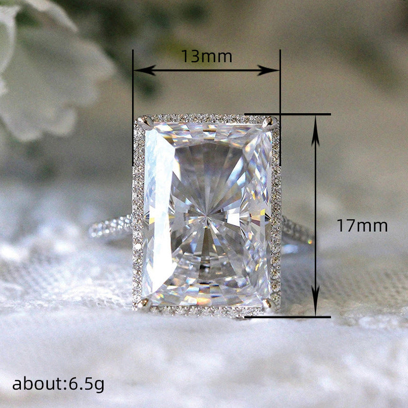 Bright rectangular eye-catching white stone ring, fashionable and simple